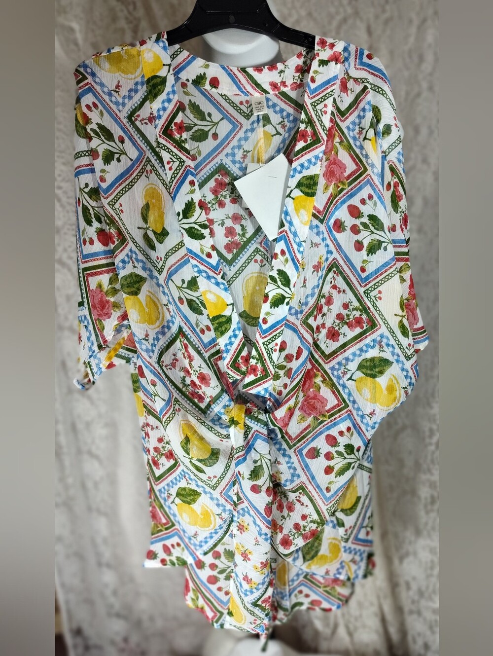 Kimono Floral Fruit Print Red white yellow sheer Front Tie   - White/Multicolor